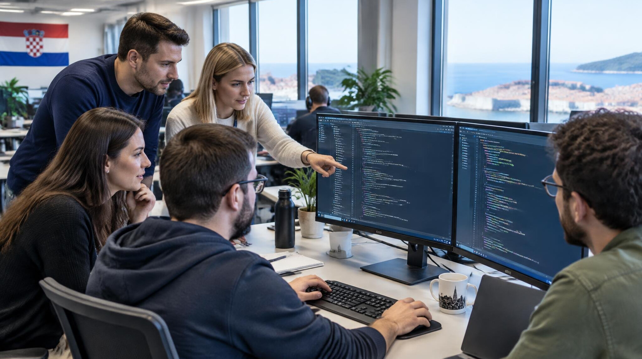Software developers working together at monitors in a modern office